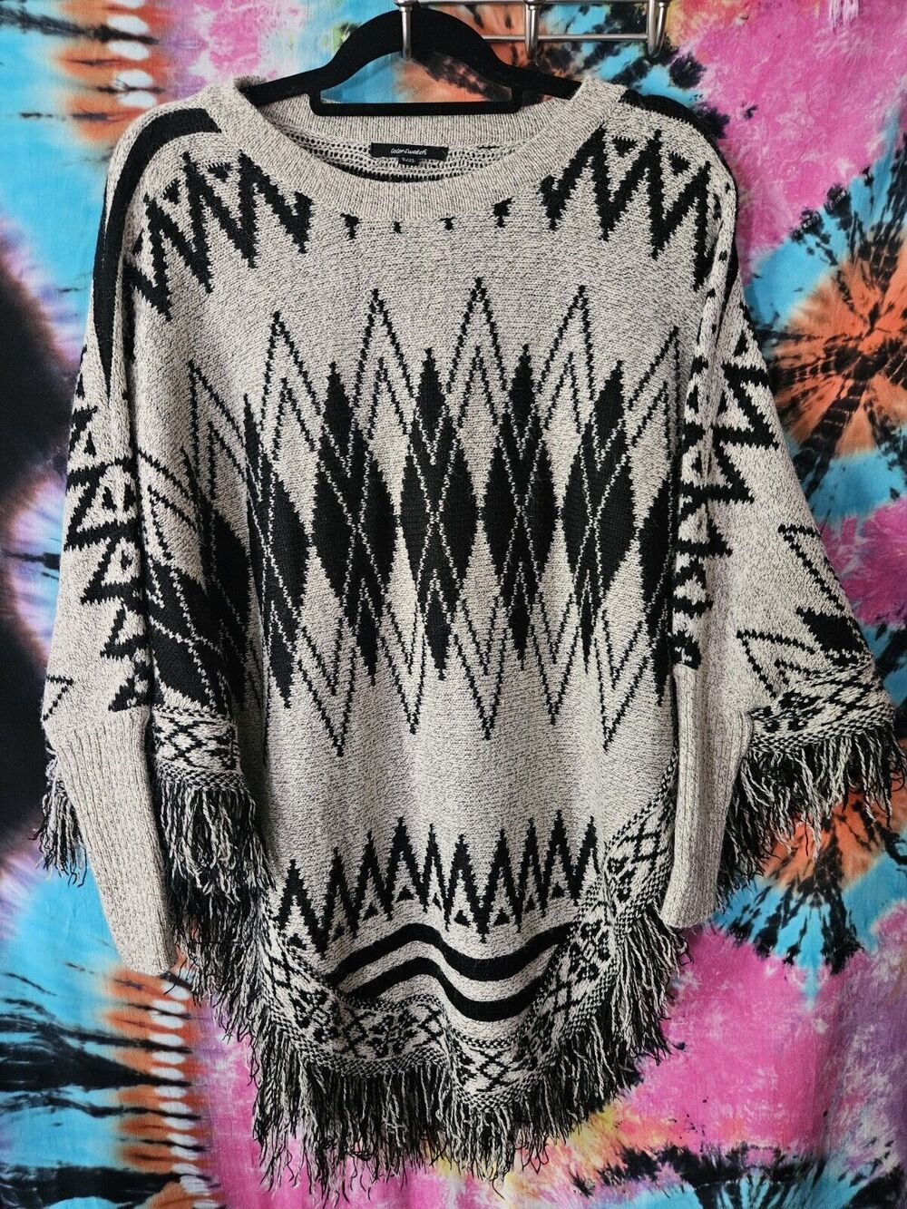 Color Swatch Black & Gray Colorful Fringe Poncho Sweater Women's S/M